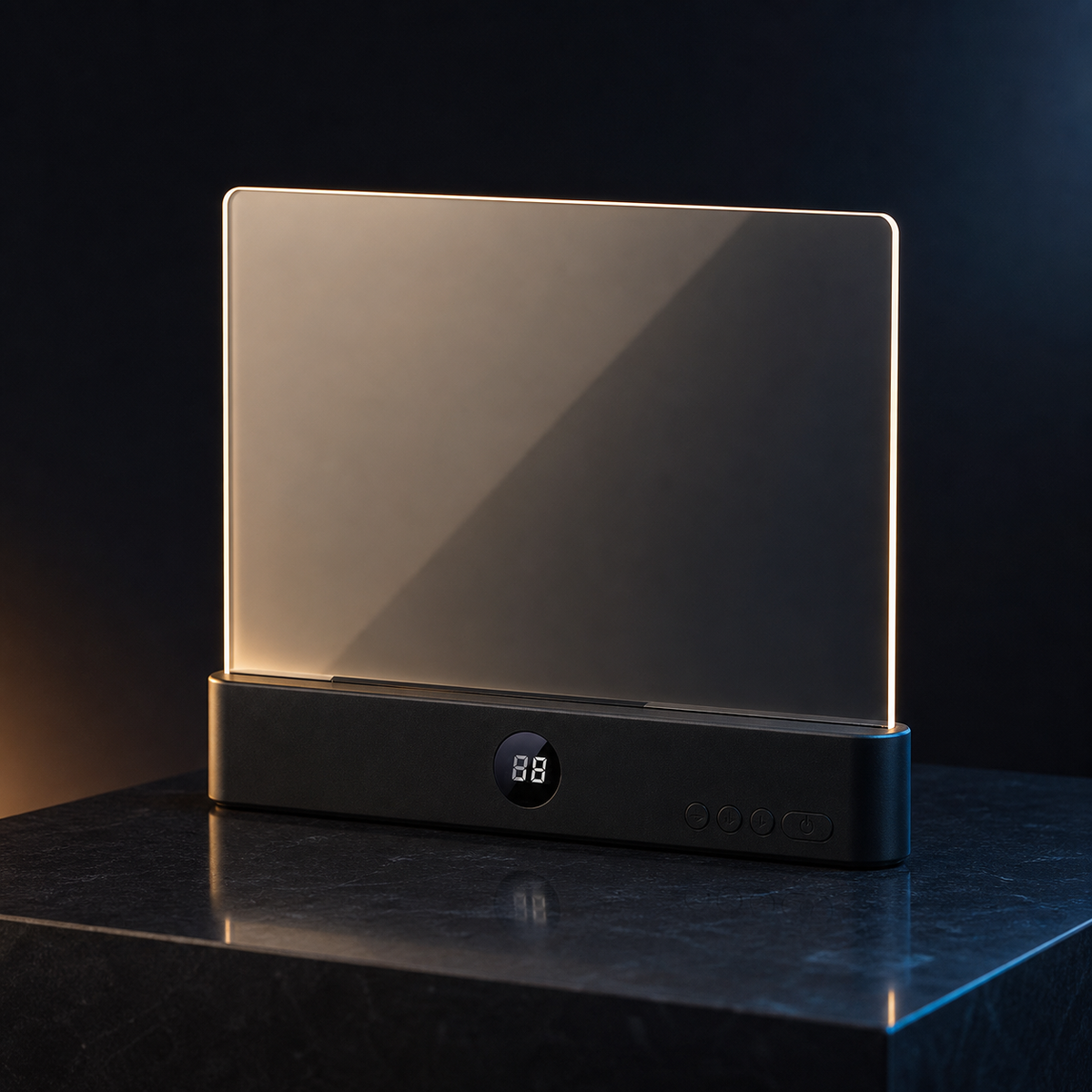 Rechargeable LED reading light with illuminated acrylic panel on a dark studio podium