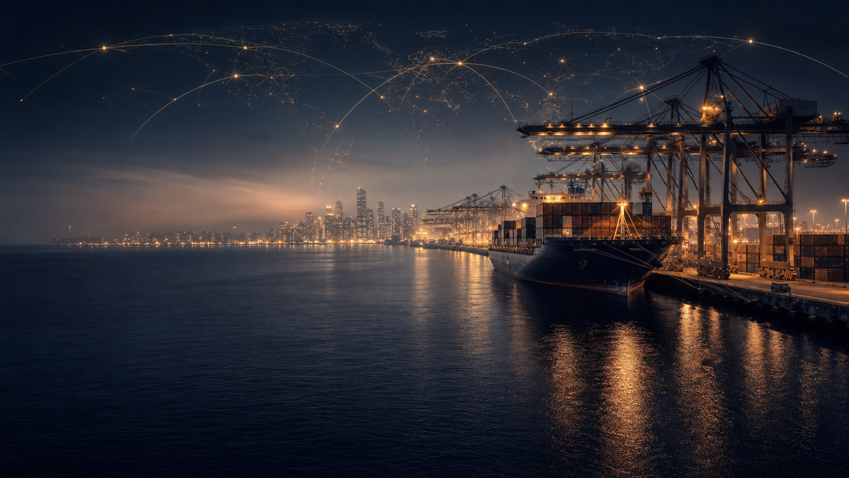 Cargo ship and illuminated international port at night